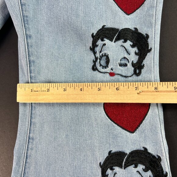 Dolls Kill X Betty Boop Jeans Women 31x32* Flare Mid Rise Light Blue Denim Tag L - Picture 13 of 16